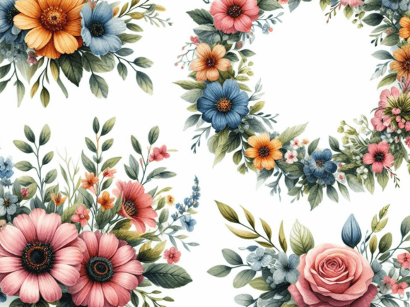 Summer Floral Artistry: The Watercolour Flowers Wreath Set